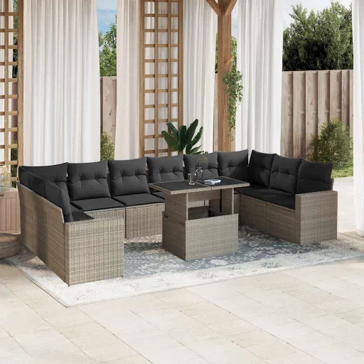 Conjunto Sofás de Jardim c/ Almofadões Vime PE Cinzento (11 pcs)
