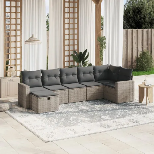 Conjunto Sofás p/ Jardim c/ Almofadões Vime PE Cinzento (7 pcs)