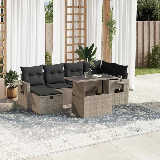 Conj. Sofás Jardim com Almofadões Vime PE Cinzento-Claro (7 pcs)