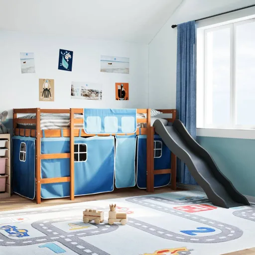 Cama Alta p/ Criança c/ Cortinas 80x200 cm Pinho Maciço Azul