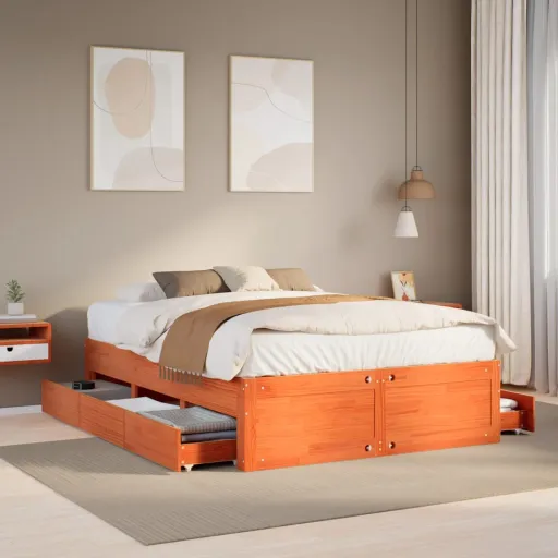 Cama Sem Colchão com Gavetas Madeira Pinho Maciça Castanho-Mel