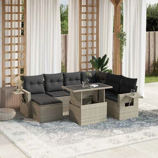 Conj. Sofás Jardim c/ Almofadões Vime PE Cinzento-Claro (8 pcs)