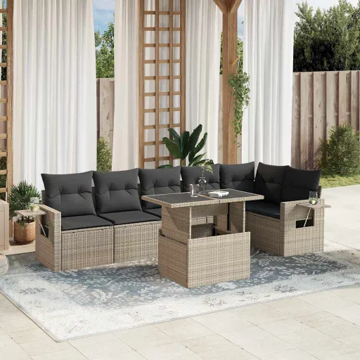 Conj. Sofás Jardim com Almofadões Vime PE Cinzento-Claro (7 pcs)