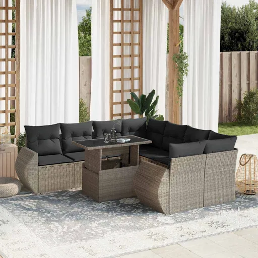 Conj. Sofás Jardim com Almofadões Vime PE Cinzento-Claro (9 pcs)