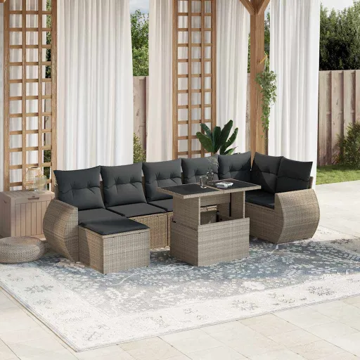 Conj. Sofás Jardim c/ Almofadões Vime PE Cinzento-Claro (8 pcs)