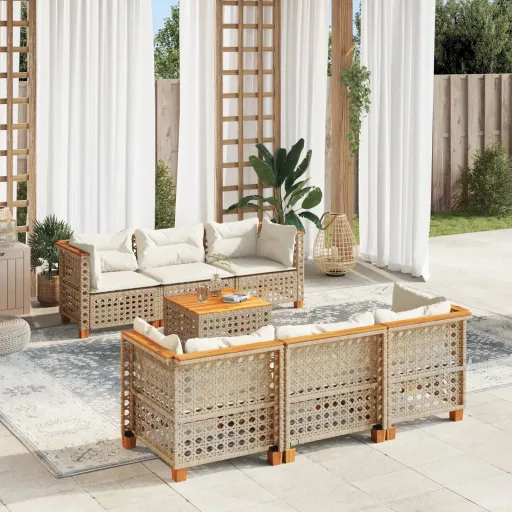 Conjunto de Sofás p/ Jardim com Almofadões Vime PE Bege (7 pcs)