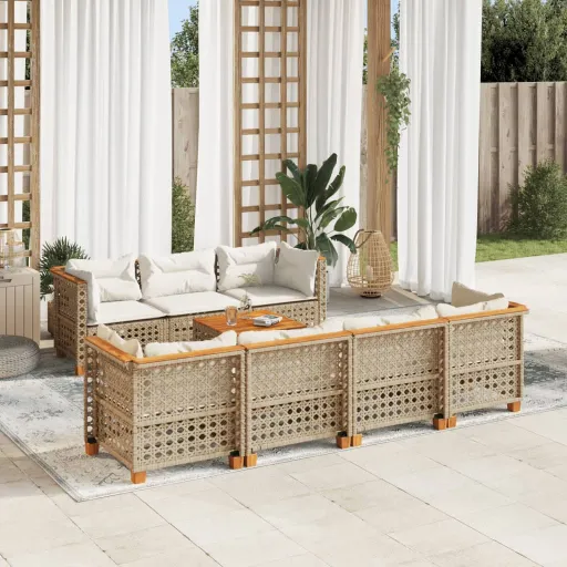 Conjunto de Sofás p/ Jardim com Almofadões Vime PE Bege (8 pcs)