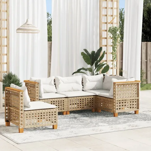 Conjunto de Sofás p/ Jardim com Almofadões Vime PE Bege (5 pcs)