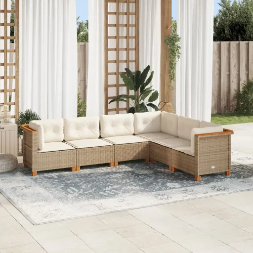 Conjunto de Sofás p/ Jardim com Almofadões Vime PE Bege (6 pcs)