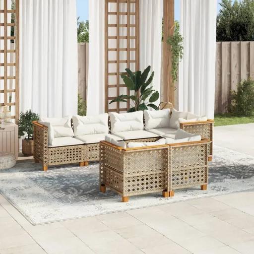 Conjunto de Sofás p/ Jardim com Almofadões Vime PE Bege (7 pcs)
