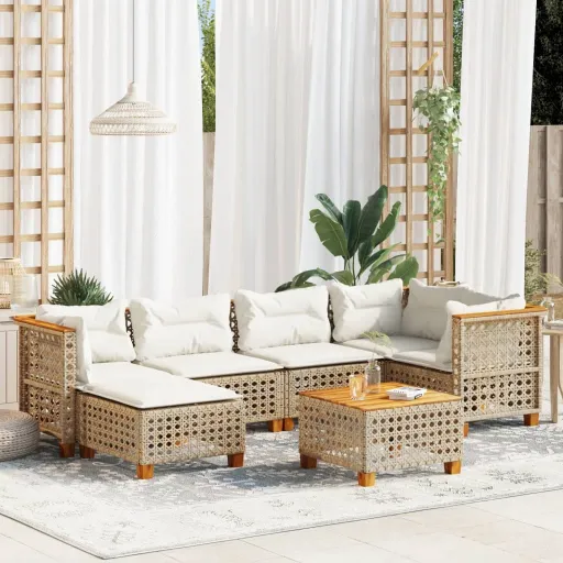 Conjunto de Sofás p/ Jardim com Almofadões Vime PE Bege (7 pcs)