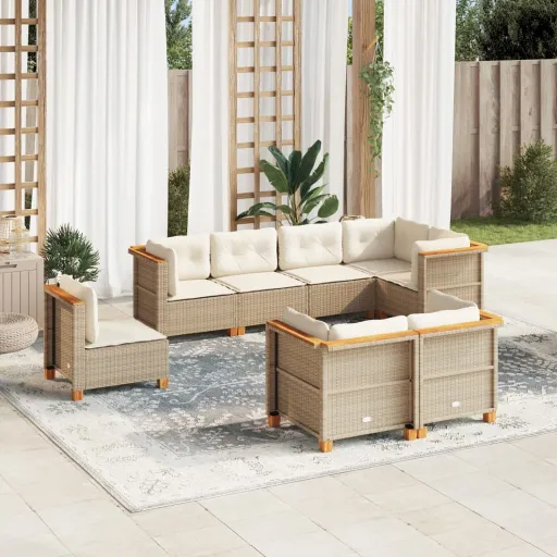 Conjunto de Sofás p/ Jardim com Almofadões Vime PE Bege (8 pcs)