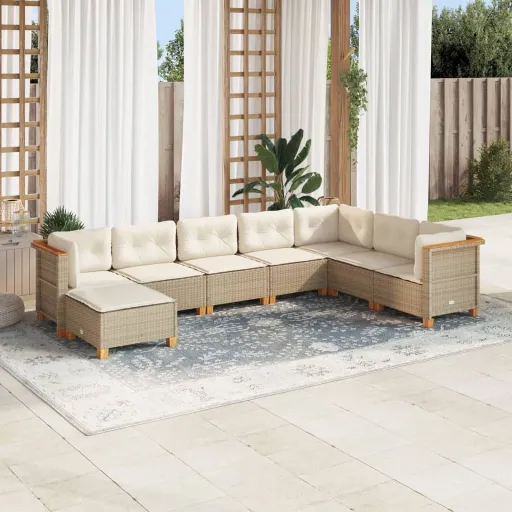 Conjunto de Sofás p/ Jardim com Almofadões Vime PE Bege (8 pcs)