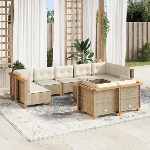 Conjunto de Sofás p/ Jardim com Almofadões Vime PE Bege (10 pcs)