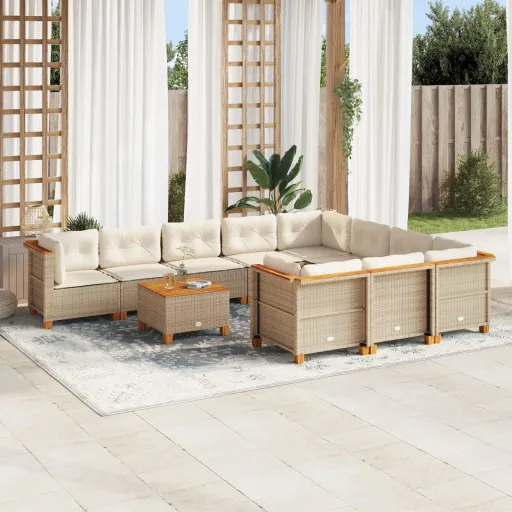 Conjunto Sofás de Jardim c/ Almofadões Vime PE Bege (11 pcs)