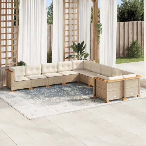 Conjunto de Sofás p/ Jardim com Almofadões Vime PE Bege (10 pcs)