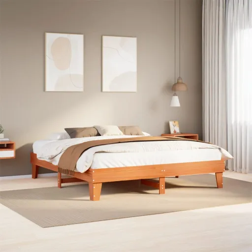Cama Sem Colchão 200x200 cm Pinho Maciço Castanho-Mel