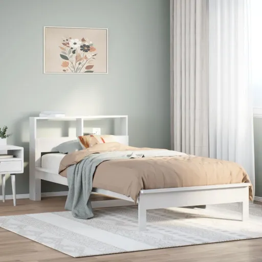 Cama com Estante Sem Colchão 100x200 cm Pinho Maciço Branco