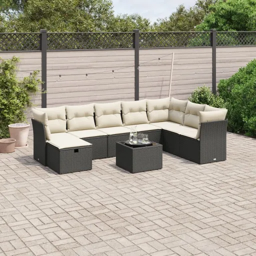 Conjunto de Sofás p/ Jardim c/ Almofadões Vime PE Preto (9 pcs)