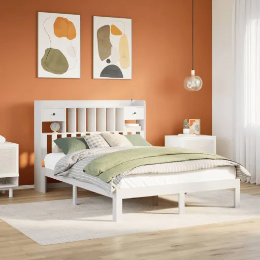 Cama com Estante Sem Colchão 140x200 cm Pinho Maciço Branco