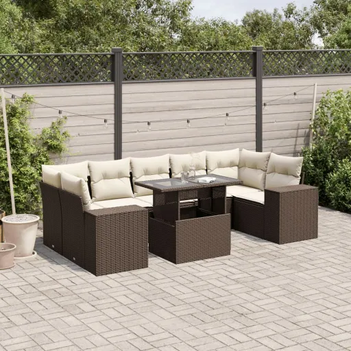 Conjunto Sofás de Jardim c/ Almofadões Vime PE Castanho (8 pcs)