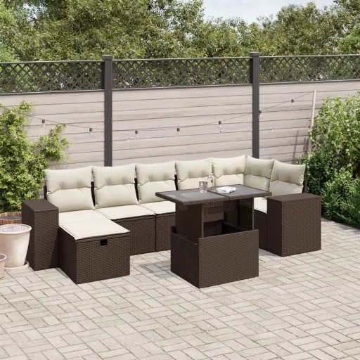 Conjunto Sofás de Jardim c/ Almofadões Vime PE Castanho (8 pcs)