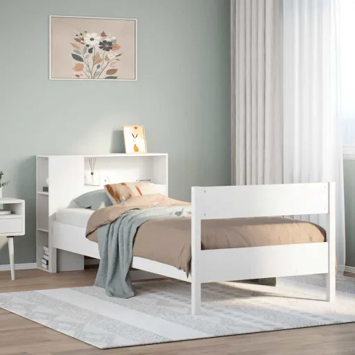 Cama com Estante Sem Colchão 90x200 cm Pinho Maciço Branco