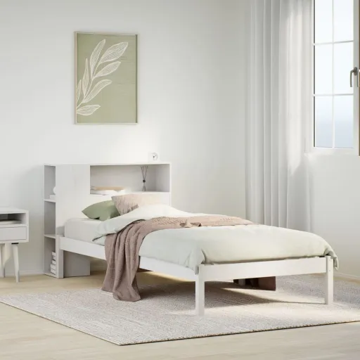 Cama com Estante Sem Colchão 90x200 cm Pinho Maciço Branco
