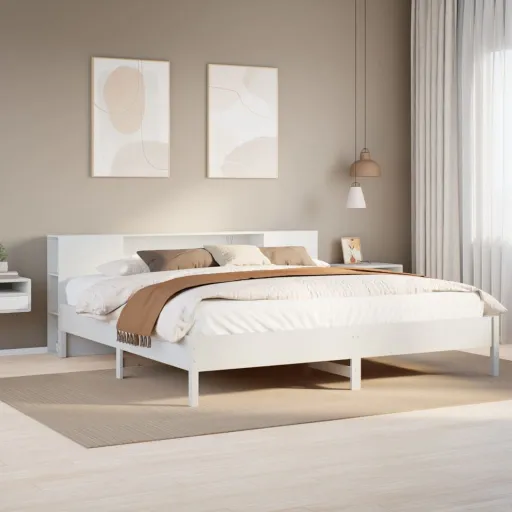 Cama com Estante Sem Colchão 200x200 cm Pinho Maciço Branco