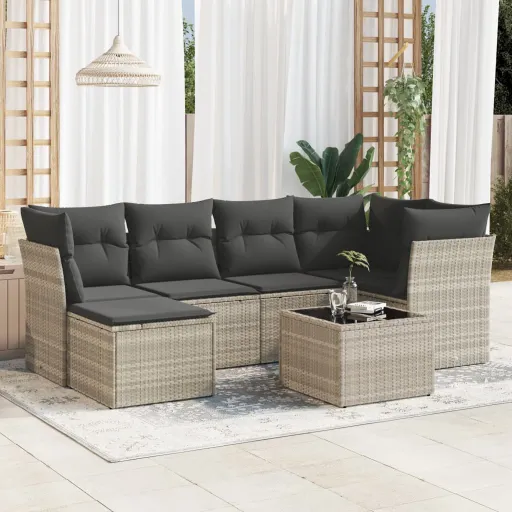 Conj. Sofás Jardim com Almofadões Vime PE Cinzento-Claro (7 pcs)