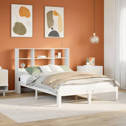 Cama com Estante Sem Colchão 160x200 cm Pinho Maciço Branco