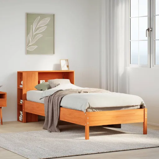 Cama c/ Estante Sem Colchão 100x200cm Pinho Maciço Castanho-Mel