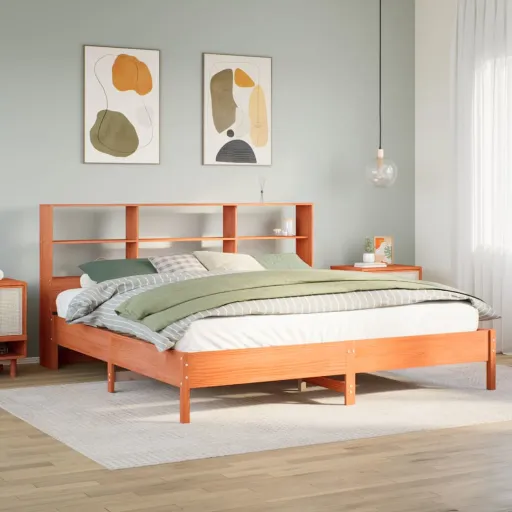 Cama com Estante Sem Colchão 200x200 cm Pinho Maciço