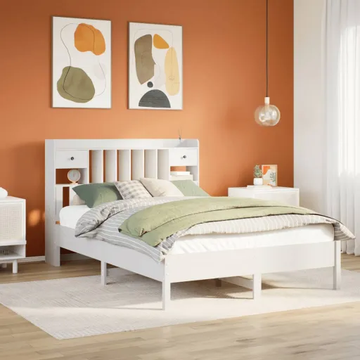 Cama com Estante Sem Colchão 160x200 cm Pinho Maciço Branco