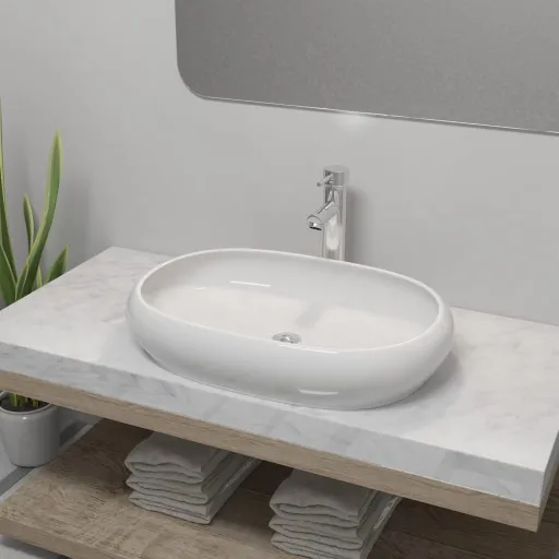 Lavatório com Torneira Misturadora Cerâmica Oval Branco