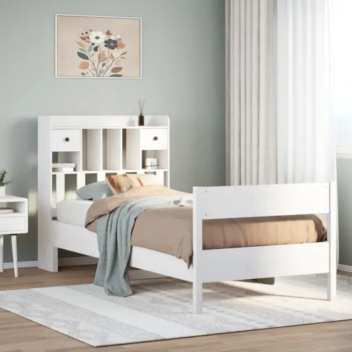 Cama com Estante Sem Colchão 75x190 cm Pinho Maciço Branco