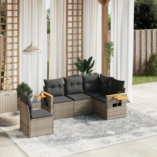 Conjunto Sofás de Jardim c/ Almofadões Vime PE Cinzento (5 pcs)