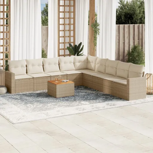 Conjunto de Sofás p/ Jardim com Almofadões Vime PE Bege (10 pcs)