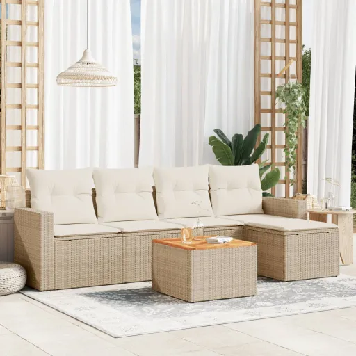 Conjunto de Sofás p/ Jardim com Almofadões Vime PE Bege (6 pcs)