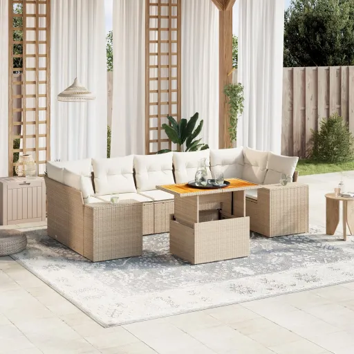 Conjunto de Sofás p/ Jardim com Almofadões Vime PE Bege (8 pcs)