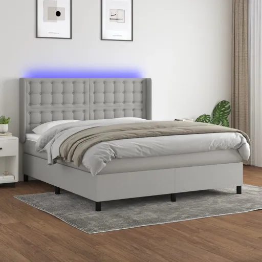 Cama Box Spring c/ Colchão e LED 180x200 cm Tecido Cinza-Claro