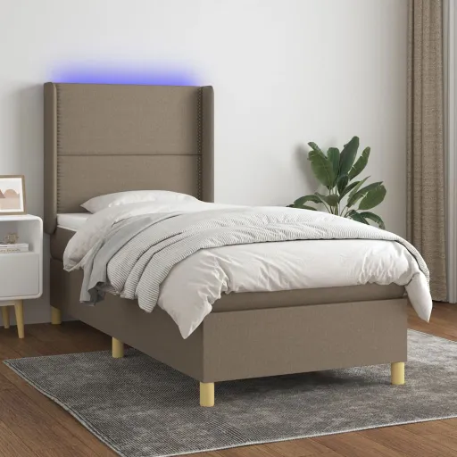 Cama Box Spring + Colchão/LED 90x190cm Tecido Cinza-Acastanhado