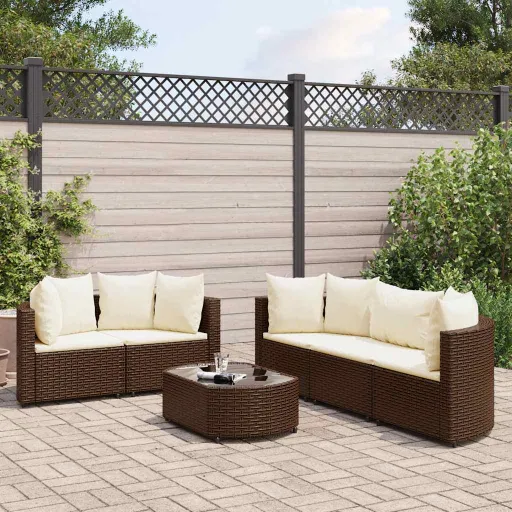 Conjunto de Sofás Jardim c/ Almofadões Vime PE Castanho (6 pcs)