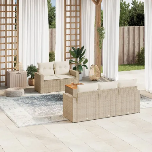Conjunto de Sofás p/ Jardim com Almofadões Vime PE Bege (6 pcs)