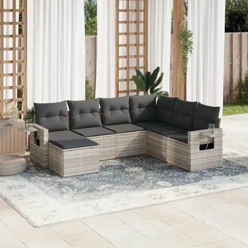 Conj. Sofás Jardim com Almofadões Vime PE Cinzento-Claro (7 pcs)
