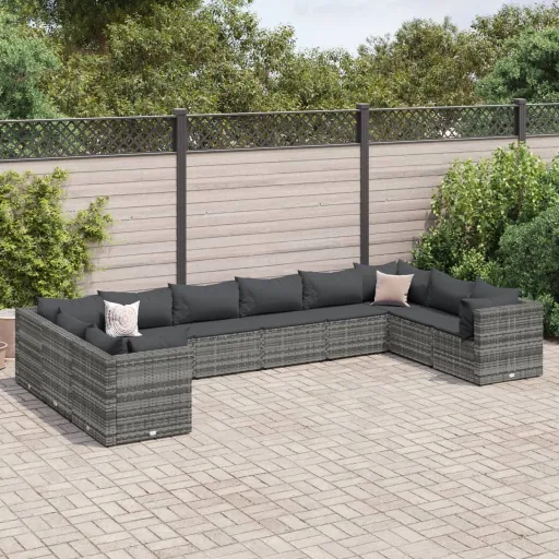Conjunto Lounge de Jardim c/ Almofadões Vime PE Cinzento (10 pcs)