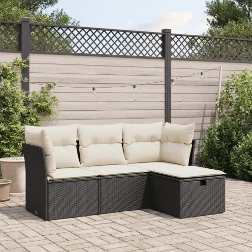 Conjunto de Sofás para Jardim c/ Almofadões Vime PE Preto (4 pcs)