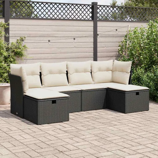 Conjunto Sofás de Jardim c/ Almofadões Vime PE Preto (6 pcs)