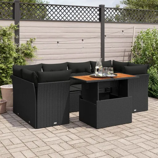Conjunto de Sofás p/ Jardim c/ Almofadões Vime PE Preto (7 pcs)
