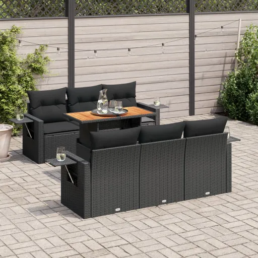 Conjunto de Sofás p/ Jardim c/ Almofadões Vime PE Preto (7 pcs)